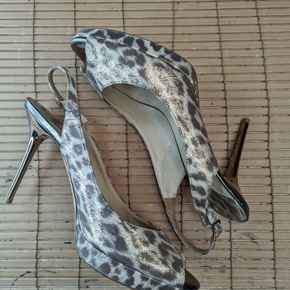 Jimmy Choo metallic mirror stiletto 4" heels, Open Toe Pumps Slingback Leopard W - Picture 5 of 11